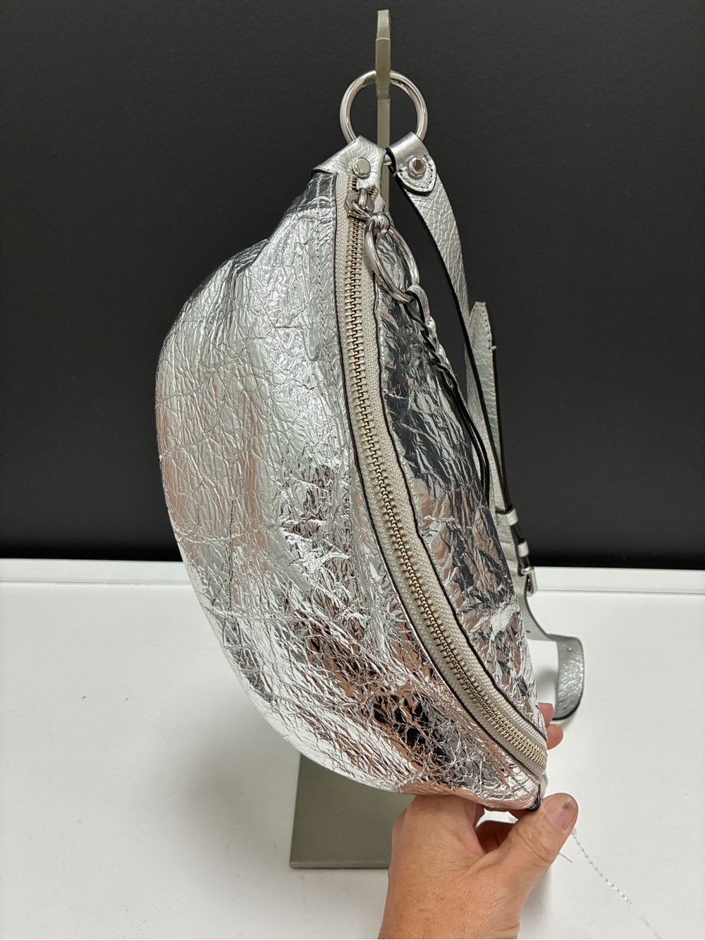 Rebecca Minkoff Metallic Leather Silver Crinkle Women’s Crossbody Belt Bag